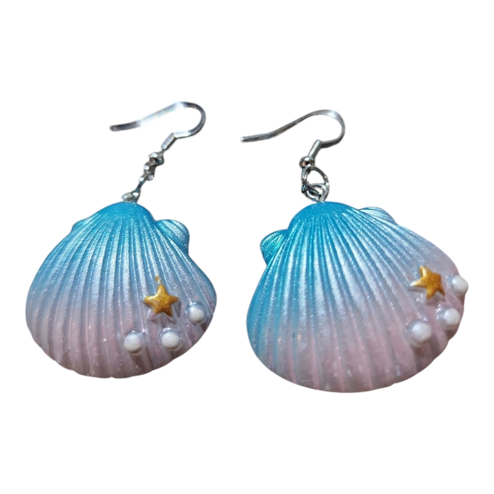 Blue and Pink Seashell Earrings with Stars